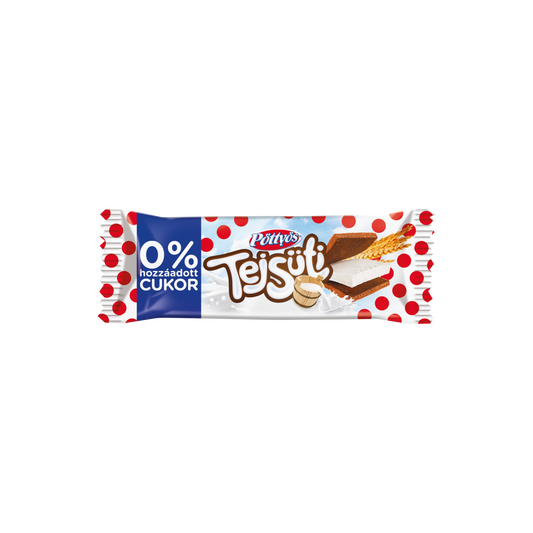 Pöttyös Tejsüti tejes krémmel töltött kakaós piskóta, hozzáadott cukor nélkül, édesítőszerekkel 20 g
