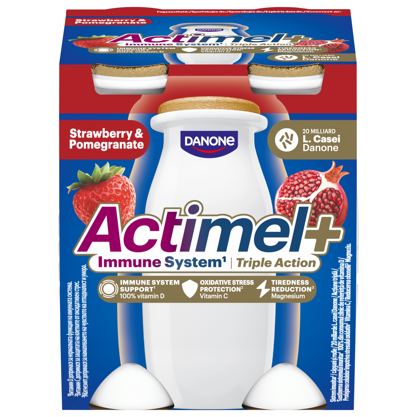 Danone Actimel+ eper- és gránátalmaízű zsírszegény joghurtalapú ital 4 x 100 g (400 g)